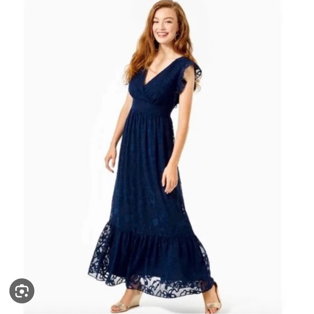 NWOT Lilly Pulitzer Autumn Ruffle Midi Dress True Navy Botanical 4